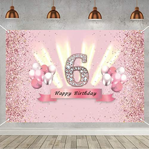 Rose Gold 6th Birthday Banner & Decoration - Girl's Party Banner, Fabric Sign Poster, Glitter Pink