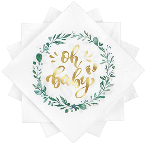 HONMOK 40 Stück Oh Baby Servietten Babyparty Servietten Taufe Baby Papierservietten mit grüne Eukalyptus Konfirmation Partyservietten für Kommunion Tischdeko Jungen Mädchen Baby Shower Party 33x33cm