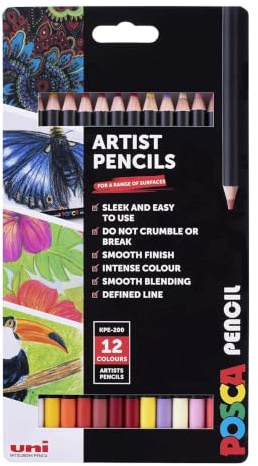 POSCA KPE-200 Oil & Wax Colouring Pencils, Spectrum Colours (12-Pack) | Premium Tough Nib, Multi-Surface Use, Non-Toxic, Biodegradable Packaging, For Arts & Crafts