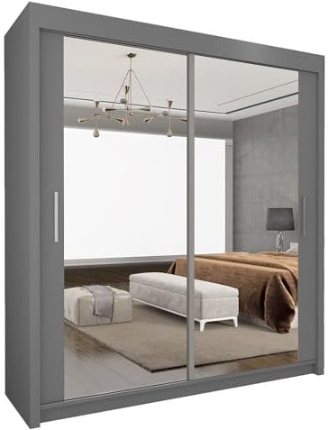 UK SLIDING WARDROBE Modern Full Size Double Mirrors 2&3 Sliding Doors Wardrobe With Adjustable Shelves, Hanging Rails,Bedroom Furniture (Grey, 100cm)