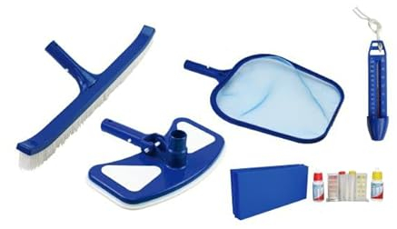 well2wellness Pool Zubehör Set 1 Basic 5-teilig mit Laubkescher, Thermometer, Bodensauger, Beckenbürste Plus Test-Kit für Chlor + pH (P1860)