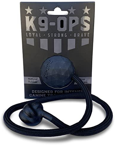 K9 Ops Moki Dog Ball on a Rope Tug Toy - Solid Rubber Fetch Training Reward - Large Dogs Tug of War Launcher Indestructible Thrower Aggressive Chewers (Coal Black - Black Rope)