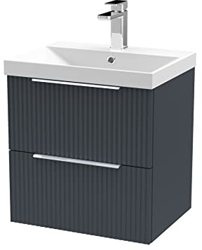 Hudson Reed DFF1492D Fluted Modern Bathroom Wall Hung 2 Drawer Vanity Basin Unit with Thin-Edge Ceramic Basin, 500mm, Soft Black