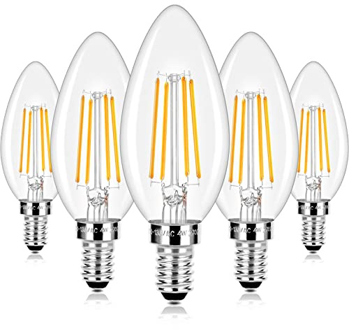 E12 LED Candelabra Bulbs 40 Watt Equivalent, 4W Vintage Candle Light Bulbs Dimmable, 470Lm Warm White 2700K B11 Edison Bulb, Filament Clear Glass Lamp Bulb for Chandelier Ceiling Fan (5 Packs)