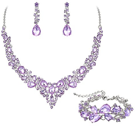 Ever Faith Wedding Bridal Jewellery Sets for Women, Sparkly Rhinestone Light Purple Crystal Floral Teardrop Statement Necklace Dangle Drop Earrings Bracelet Set 3 Pcs Costume Jewelry Lavender Purple