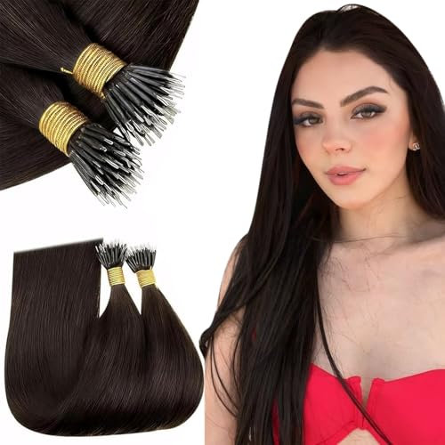 RUNATURE Nano Hair Extensions Real Human Hair Darkest Brown Nano Tip Real Hair Darkest Brown Cold Fusion #2 12 inch 40g