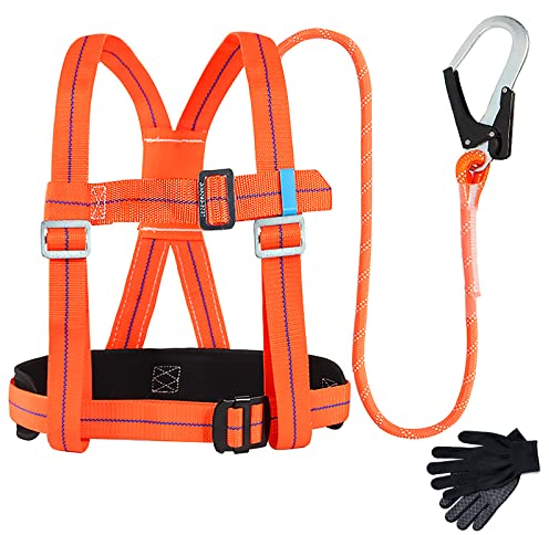 TECKZOON Fallschutz Auffanggurt, Absturzsicherung Sicherheitsgurt Set 3 Punkt Auffanggeschirr mit Handschuhe, Fallschutz Sicherheitsseil für Outdoor Baumklettern Bergsteigen Rettungsdienst Orange