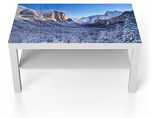 DEQORI Glastisch | weiß groß 90x50 cm | Motiv Yosemite im Winter | ausgefallener Beistelltisch aus Glas | Hochglanz Couchtisch fürs Wohnzimmer | moderner Couch Tisch mit Design