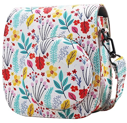 QIYWFA Instant Kamera Schützend Fall Kompatibel mit Fujifilm Instax Mini 12/11/9/8/8+ Instan Kamera Sanft PU Leder Tasche mit Tasche und Abnehmbarer Schultergurt(Red Flower)