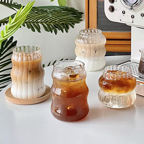 Eiskaffee-Tassen gerippt, gewellt, Retro-Trinkgläser, Latte-Tassen, Glaswaren, Gläser, Tassen für Tee, Milch, Whisky, Kaffeebar-Zubehör (4 Stück (410 Ml + 530 Ml + 530 Ml + 650 Ml))