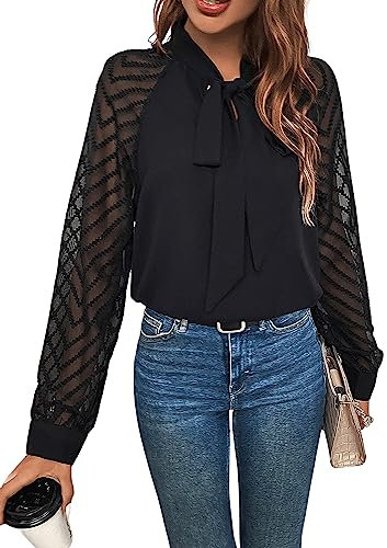 GORGLITTER Damen Blusen Elegant Hemdshirt Office Casualshirt Herbst Oberteil Tunika Chiffonbluse mit Schleife Bluseshirt Schwarz S