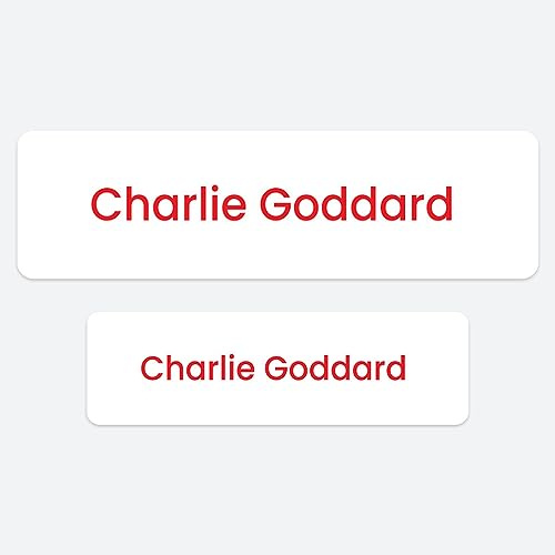 50 x No Iron Medium Personalised Stick On Waterproof Washable Name Labels Great for Clothes, School Uniform, Equipment, Shoes and More. School, Nursery, Day Care, Hospital - White with Red Text