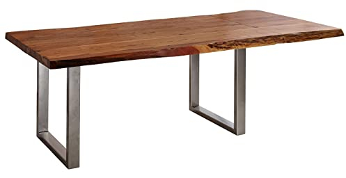 MASSIVMOEBEL24.DE Freeform 2 Baumtisch mit Ansteckplatte Akazie Tischplatte 3,5cm - Verschiedene Größen, Farbe:Dunkelbraun lackiert, Größe:240x110 cm