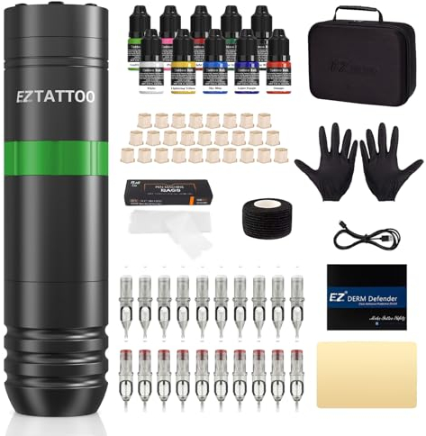 EZ Tattoo Maschinen Set - Tattoo Set Komplett mit Rotations Tattoo Maschine, 1500mAh Akku Stromversorgung, 20 Stück Tattoo Nadeln und 10 Farben Tinten für Tattoo Anfänger und Künstler (Caster Grün)
