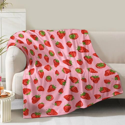 NuKuNsKf Erdbeer-Überwurf, Decke, Geschenk für Damen, Mädchen, Mutter, Kinder, Erwachsene, Teenager, Geburtstag, Weihnachten, Valentinstag, Dekoration, Erdbeere, Obst, Schlafzimmer, Wohnzimmer, Sofa
