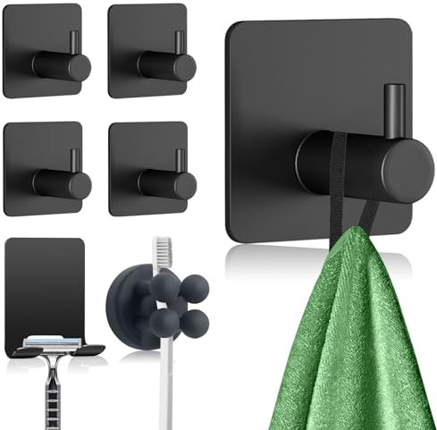 Yagaspantery 7 Stück Handtuchhaken, Klebehaken Schwarz, Handtuchhaken Ohne Bohren, Handtuchhaken Schwarz Matt, Ohne Bohren für Badzimmer Toilette Küche (Schwarz)