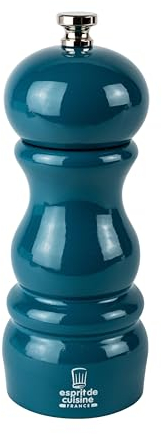 ESPRIT DE CUISINE - Moulin Authentique - Moulin À Poivre Et À Sel - Broyeur En Céramique - Réglable - Design Exclusif - Made In France - Bois Naturel - 15cm - Bleu Pacifique