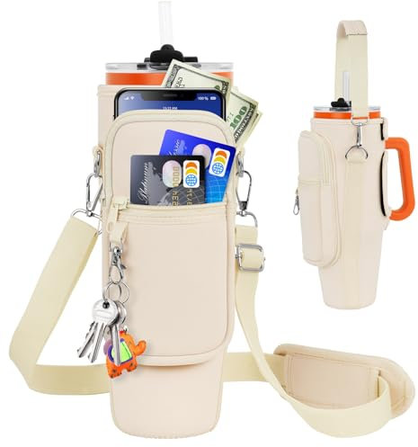 Water Bottle Carrier Bag with Phone Pocket Compatible for Stanley/Meoky 40 oz Tumbler with Handle,Neoprene Water Bottle Holder Pouch with Adjustable Strap Compatible for Stanley Cup Accessories