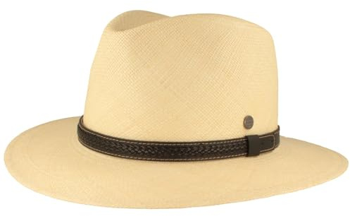 Breiter ORIGINAL Panamahut Strohhut aus Ecuador Handgeflochten Hut UV-Schutz Bruchschutz Sonnenhut Natur Band Schwarz M 57-58