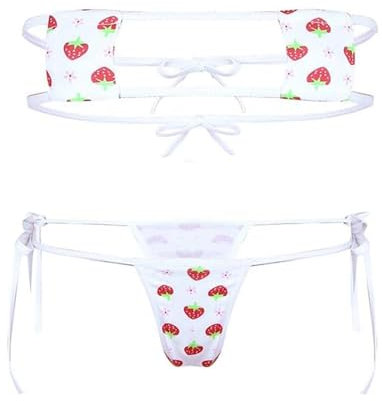 VicSec Women Micro Bikini Kawaii Heart Embroidery Bandeau Swimsuit Japanese Anime Cosplay Lingerie Tiny String Sliding Top Tie Side Thong Small Bra and Panty Set for Beach Theme Party (Strawberry)
