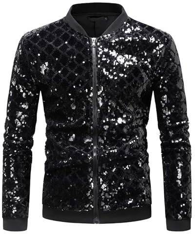 Pailletten Jacke Herren Varsity Jacke Party Disco Shiny Sparkly Glitter Bomberjacke Leicht Glänzende Clubwear Metallic Nightclub Jacke Slim Fit Reißverschluss Varsity Baseball Bomber Glänzend