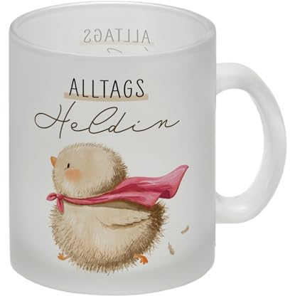 Küken Glas Tasse mit Spruch Alltagsheldin Inspirierendes Geschenk für Freundin Kollegin Mutter Tasse Huhn Motiv verleiht Kraft im Unternehmen