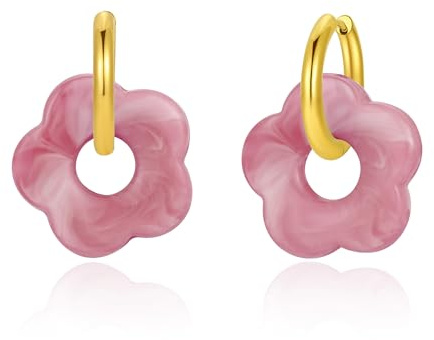 BUMMER Boucles d'Oreilles Pendantes en Résine Rose - Élégantes à Fleurs, Dégradées, Acier Inoxydable, Plaquées Or