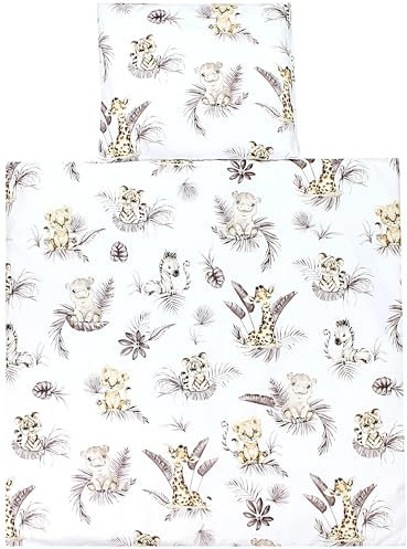 TupTam Unisex Baby Wiegenset 4-teilig Bettwäsche-Set: Bettdecke und Kopfkissen mit Bezug, Farbe: Löwe/Blätter/Beige, Größe: 80x80 cm
