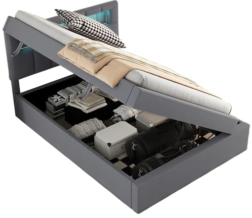 Azkoeesy Polsterbett 90 x 200 cm, mit Bettkasten und LED-Beleuchtung, Einzelbett mit Stauraum und Lattenrost, für Kinder und Jugendliche, Samtbezug, Grau