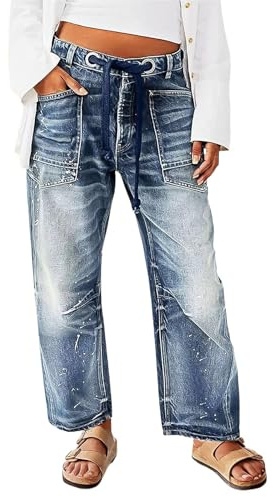 Flamingals Jean Ample décontracté à Jambe Large Taille Moyenne pour Femme avec Cordon de Serrage à la Taille et œillets, Bleu Ciel, Taille XL