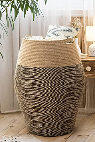 TIMEYARD Wäschekorb Groß, Wäschesammler, Aufbewahrungskorb, Korb Geflochten zur Aufbewahrung von Kleidung in der Waschküche, 65cm hoch, Schwarz und Jute