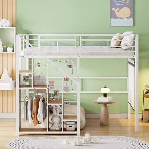 Moimhear Letto a soppalco con scala di sicurezza 140x200 cm, letto per bambini con struttura in ferro e vano contenitore, letto per ragazzi (bianco)