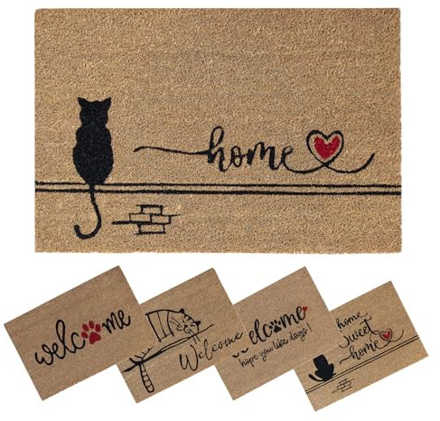 SPOTTED DOG GIFT COMPANY Coir Door Mat, Inside Outside Door Mats, Welcome Mat, Indoor Outdoor Doormats, Front Doormat, Cat Design with PVC Backing, Entrance Door Mat, Heavy Duty Coir 40x60 Black Cat