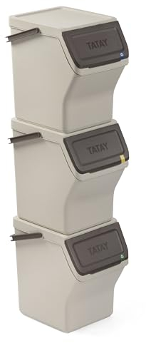 TATAY Cubos de Basura Reciclaje Easy Waste 20L | Set de 3 | Diseño Modular y Apilable | Tapa con Sistema Click | Asa de Transporte Integrada | Hecho de Material Reciclado | 35x27x36 cm - Ecohome