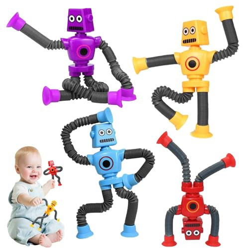 YINZZTRY Teleskop Saugnapf Roboter Spielzeug, Roboter Pop Röhren Spielzeug, Stretchrohr Roboter Stressabbau Spielzeug, Roboter Pop Tubes, Pädagogisches Stress Spielzeug für Kinder, 4 Stück