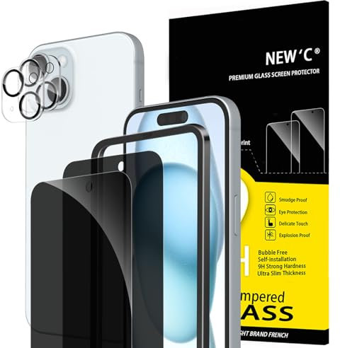 NEW'C Kit de 4, 2 x Verre Trempé Anti-Espion pour iPhone 15 (6,1 Pouces) et 2 x Protection Caméra Arrière - Kit Outil d'Installation Facile - Angle de Confidentialité 28 Degrés Amélioré