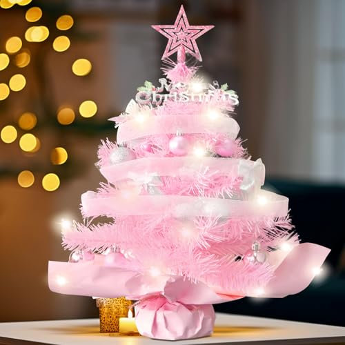 Mini Weihnachtsbaum Rosa, KAMEUN 55CM künstlicher Weihnachtsbaum Klein mit Lichtern und Weihnachtskugeln, Weihnachtsdeko für Tisch, Büro, Schlafzimmer