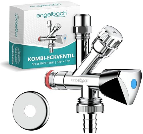 Engelbach® Kombi Eckventil 1/2 Zoll selbstdichtend mit Rückflussverhinderer - Für Kalt- und Warmwasserleitungen mit vielfältigen Anschlussmöglichkeiten