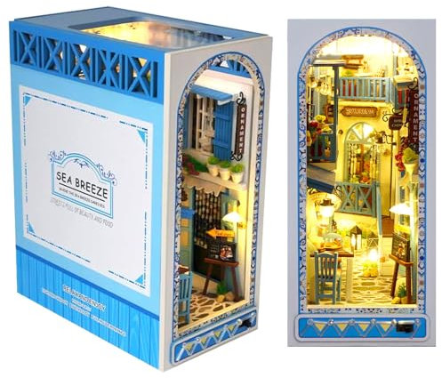 KBIBCK DIY Book Nook Kit, 3D Puzzle Buchstützen aus Holz, DIY Miniatur Puppenhaus Kit, DIYs Miniatur Haus mit LED Leuchten und Möbeln, Modellbausätze für Erwachsene zum Bauen (Meeresbrise-Stil)