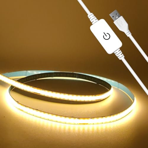 BUNACET 1M 5V USB COB Striscia LED Dimmerabile 3000K Bianco Caldo, Alta Luminosità, CRI90+, Luci LED Tagliabile per TV Retroilluminazione PC Casa Camera Cucina Decorazioni