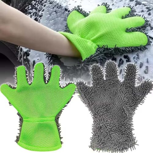 LUCKKY 2PCS Double-Sided Five-Finger Car Wash Gloves, 5-Finger Microfiber Wash Mitts, Car Interior Exterior Cleaning Gloves, Car Dusting Gloves Double Sided Cleaning Gloves for Kitchen Home (Thin)