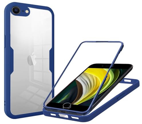 SLWYF Compatible with iPhone 6/7/8/iPhone SE 2020/SE 2022 Case [Built-in Glass Screen Protector] Touch Full Body 360 Shockproof TPU Stylish Bumper Transparent Back Case Cover for iPhone 6/7/8 (Blue)