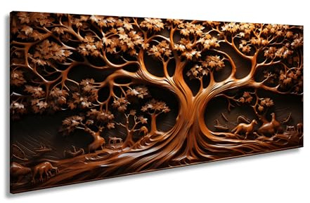 Leinwandbild Baum des Lebens, kunstvoll geschnitzt in zeitlosem Holz. Panorama 120x60cm XXL Kunstdruck Bild auf Keilrahmen/Wandbild/Wohnzimmer Dekoration