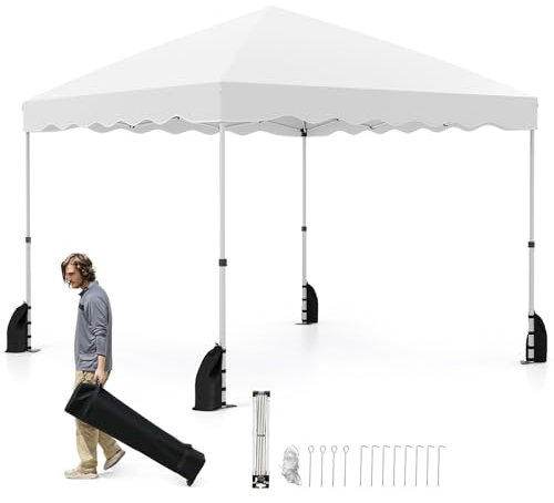 COSTWAY Tonnelle de Jardin Pliable 3x3M, Tente de Extérieur Portable avec Sac à roulettes 8 Piquets 4 Ancrages 4 Cordes Coupe-Vent 4 Sacs de Sable, pour Marché Patio (Blanc)