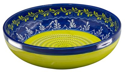 Kaladia - Reibeschüssel/Keramikhobel - ideal zum Gewürze reiben und Servieren von Gerichten - Motiv: Blau mit grün/weißer Verzierung - Durchmesser: 27 cm - handgemacht & handbemalt - Made in Spain