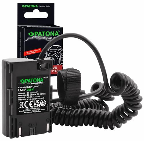 PATONA USB-C Akku-Adapter (Dummy-Akku) Ersatz für Canon LP-E6P Akku | Dauerstrom-Koppler für EOS R5 Mark II R6 II R7 5D III IV 60D–90D (DR-E6P) – statt Akku per USB-C