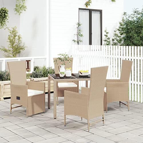 Teenpull 5-TLG. Garten-Essgruppe mit Kissen Beige Poly Rattan, verstellbare Sessel, Hartglas-Tisch, wetterfestes Outdoor Dining Set, stabil