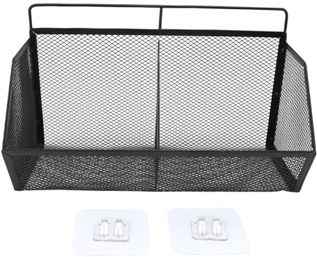 HUSHUI Hanging Kitchen Basket, Adhesive Wall Mounted Wire Storage Basket with 2 Grids, for Organizing Fruit Toiletries Books in Bathroom Kitchen (Black)