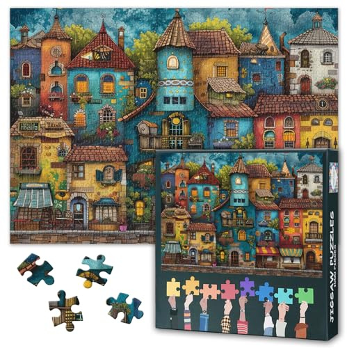 1000 Piece Jigsaw Puzzles for Adults Colorful House Building, Old Town Art | Challenging puzzle, vibrant colors, vintage style, family educational games, home wall decoration, 27.5x19.7