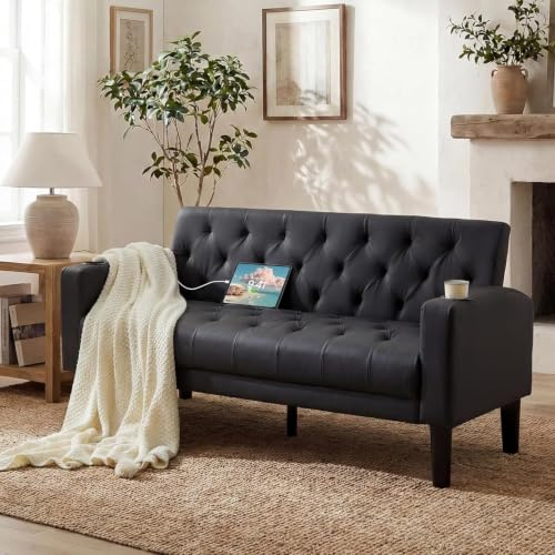 GRAVFORCE 157cm Sofa 2 Seater Comfy Upholstered Loveseat Modern Black | Leather Two Seaters Sofas with 2 USB Ports 2 Cup Holders Deep Seat Small Sofa Couch for Apartment Living room Office